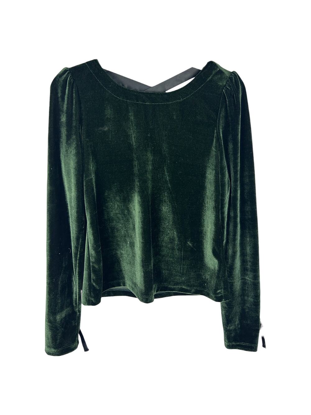 Anthropologie Green Velvet Open Back Long Sleeve Black Ribbon Ballet Top S